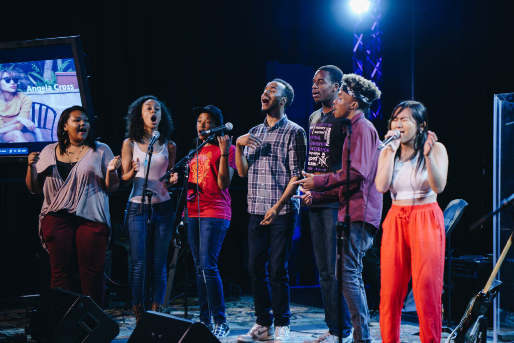 Angela Cross + USC Saved By Grace Gospel Choir performing at the FYI Music Group Debut Show, Spring 2017